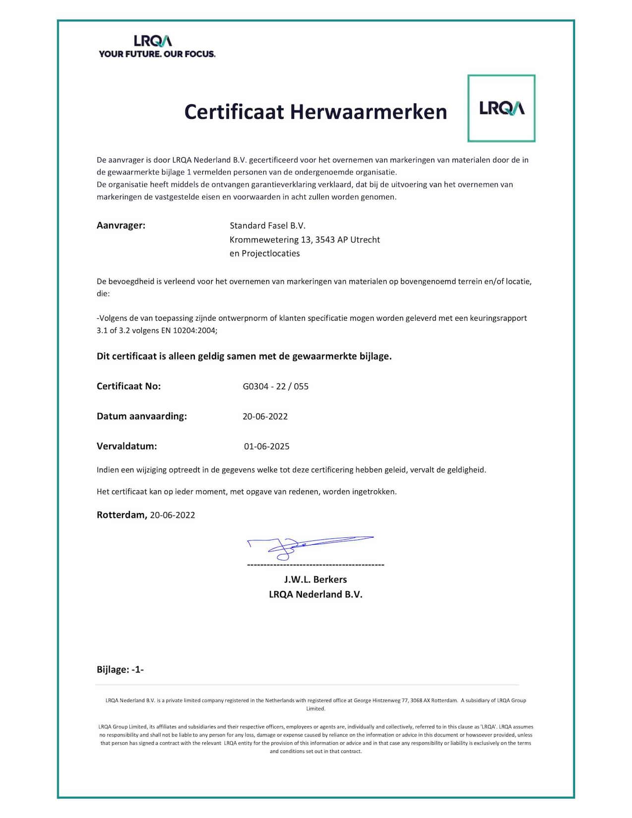 Standard Fasel G0304 certificaat NL LRQA 2022-2025 Standard Fasel G0304 certificaat NL LRQA 2022 2025