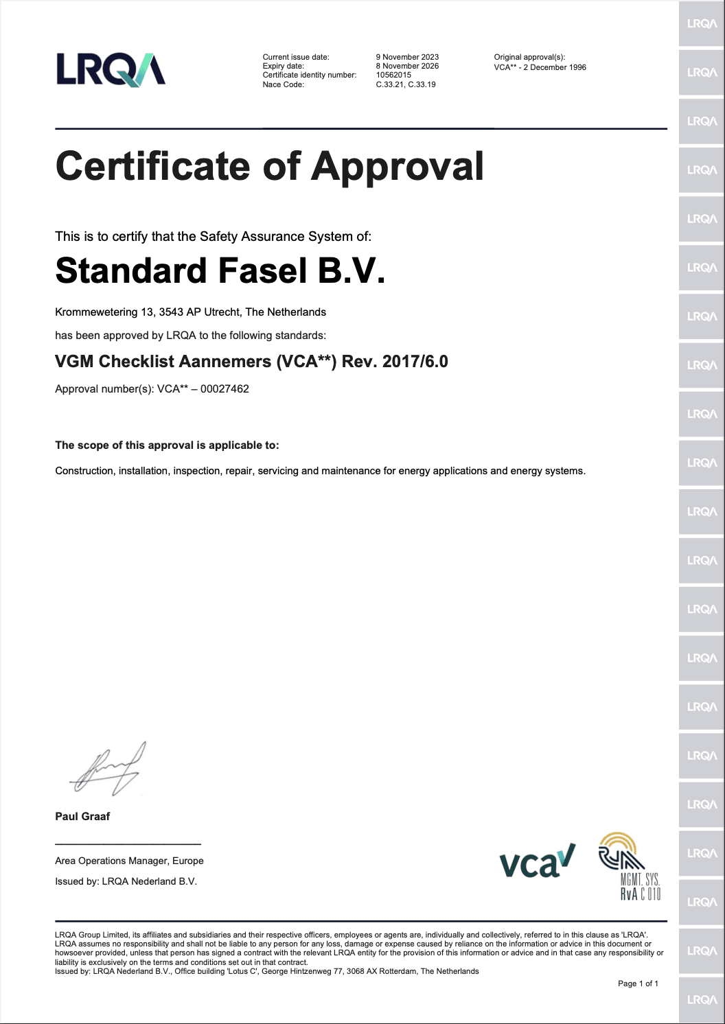 VCA – 00027462-SCC-ENGUS-RVA VCA Certificate of Approval Standard Fasel